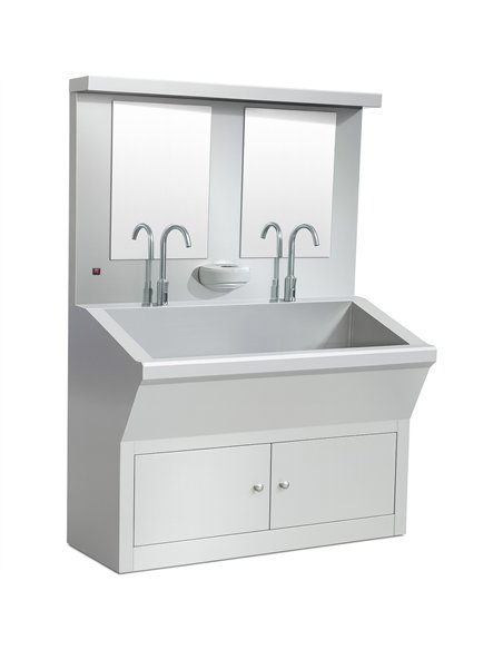 Commercial Stainless Steel Double Scrub Sink with Mirrors, Pedal Controls &amp Dual Faucets 1200x600x1800mm 