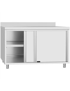 Commercial Stainless Steel Sliding Door Work Table Cabinet with Shelf and Backsplash 1200x700x950mm 