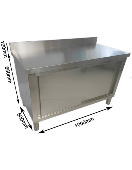 Commercial Stainless Steel Sliding Door Work Table Cabinet with Shelf and Backsplash 1000x500x950mm 