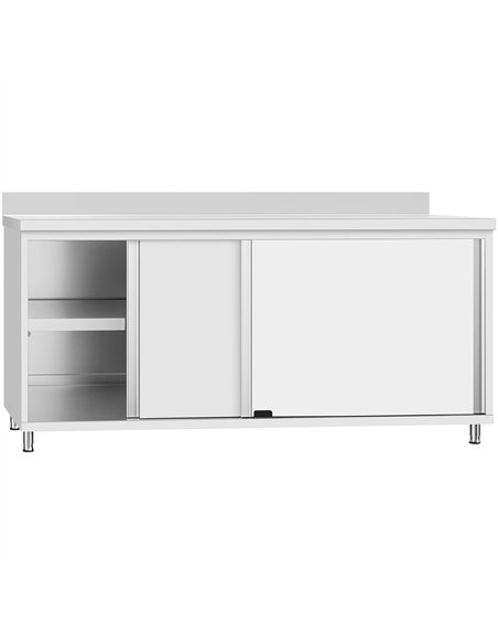 Commercial Stainless Steel Sliding Door Work Table Cabinet with Shelf and Backsplash 1600x500x950mm 