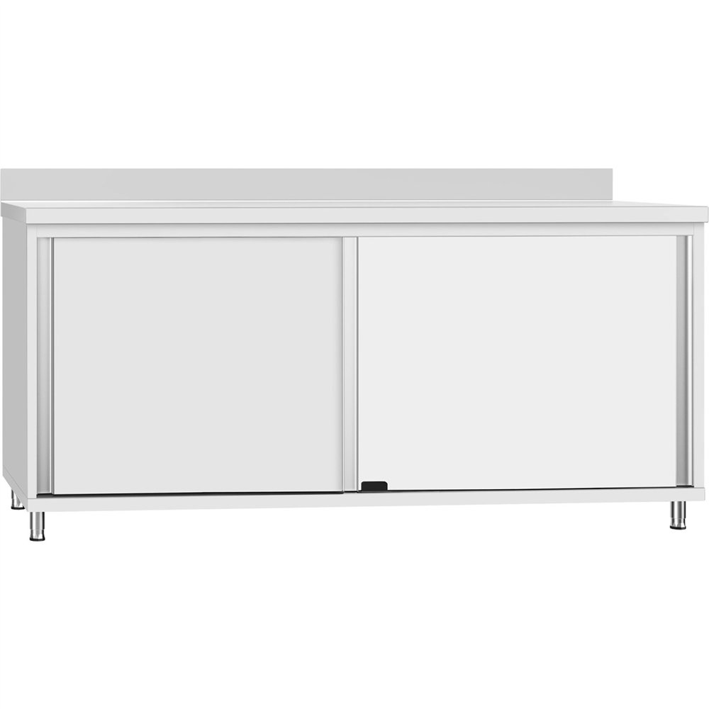Commercial Stainless Steel Sliding Door Work Table Cabinet with Shelf and Backsplash 1600x500x950mm 