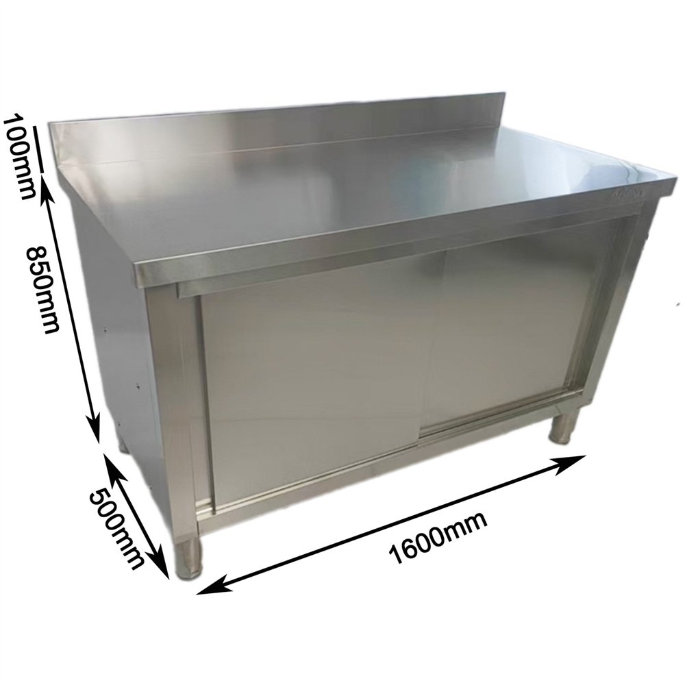 Commercial Stainless Steel Sliding Door Work Table Cabinet with Shelf and Backsplash 1600x500x950mm 