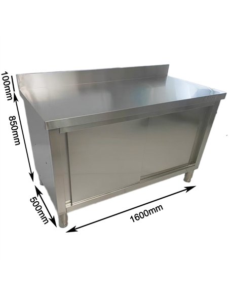 Commercial Stainless Steel Sliding Door Work Table Cabinet with Shelf and Backsplash 1600x500x950mm 