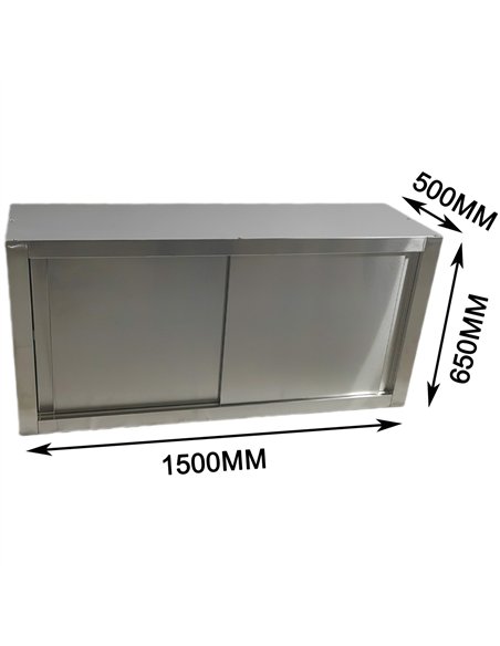 Commercial Stainless Steel Wall Cabinet with Sliding Doors and Inner Shelf 1500x500x650mm 