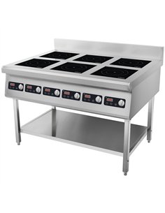 Commercial Freestanding 6-Zone Induction Cooker with Water Baffle &amp Undershelf 16.8kW (6 × 2800W) Knob Control 