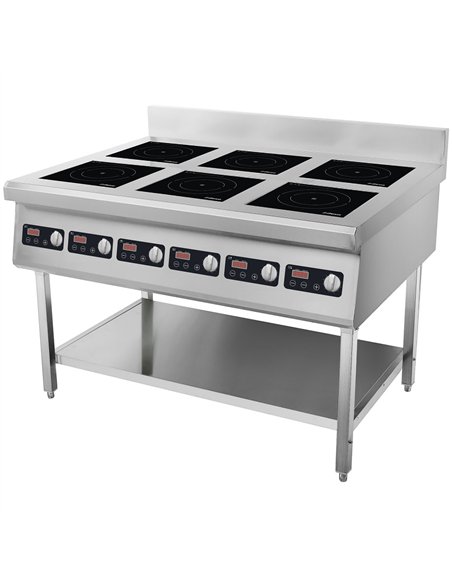 Commercial Freestanding 6-Zone Induction Cooker with Water Baffle &amp Undershelf 16.8kW (6 × 2800W) Knob Control 