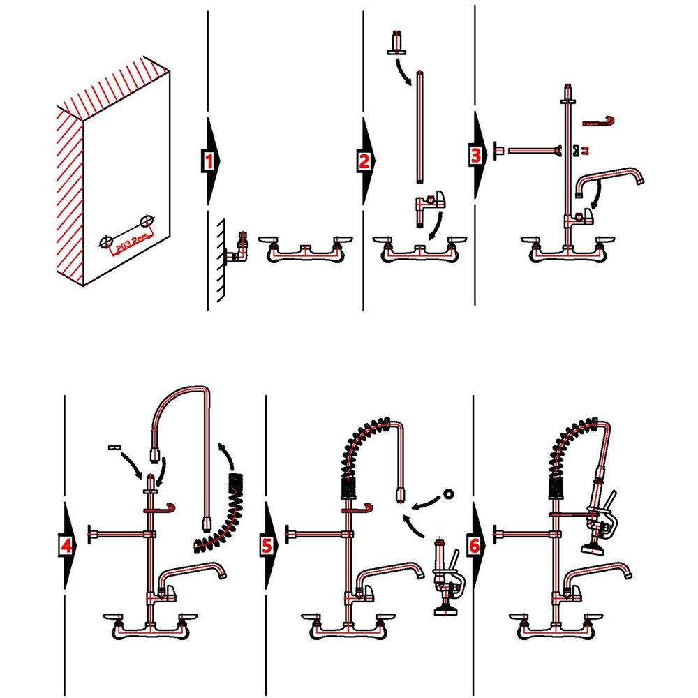 8&quot Wall Mounted Pre-Rinse Faucet with Add-On 6&quot Swing Spout &amp 22&quot Hose &amp Spray Valve 