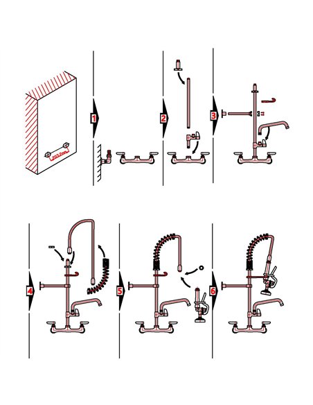 8&quot Wall Mounted Pre-Rinse Faucet with Add-On 6&quot Swing Spout &amp 22&quot Hose &amp Spray Valve 