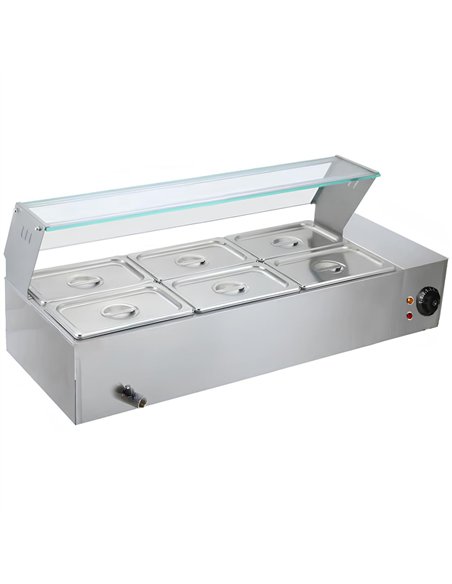 Commercial Stainless Steel Bain Marie with Glass Guard and 6 × 1/2 GN Pans &amp Lids 1100×570×385mm | Professional CS25M2223