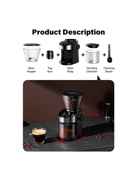 Commercial Flat Burr Coffee Grinder 150W with 240g Bean Hopper Black | Professional CS25CG836B