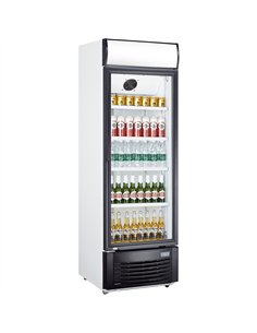Professional Upright Commercial Bottle Cooler, 430 Litres, Fan Assisted Cooling, Hinged Glass Door, Black/White, Canopy Light - 
