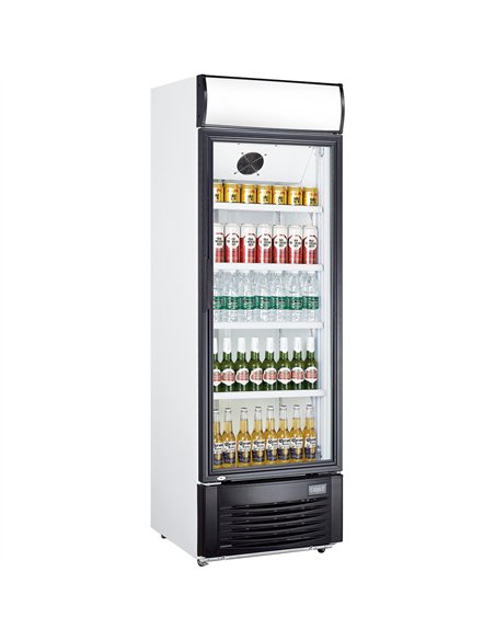 Professional Upright Commercial Bottle Cooler, 430 Litres, Fan Assisted Cooling, Hinged Glass Door, Black/White, Canopy Light - 