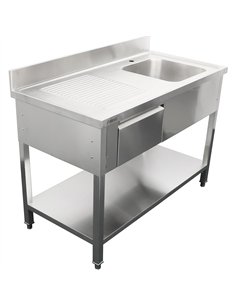 Professional Stainless Steel Commercial Sink with 1 Drawer, 1 Bowl, Right Bottom Shelf, and Splashback 1500x600x850mm - Ideal fo