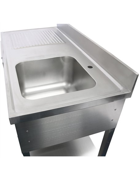 Professional Stainless Steel Commercial Sink with 1 Drawer, 1 Bowl, Right Bottom Shelf, and Splashback 1500x600x850mm - Ideal fo