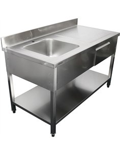 Professional Stainless Steel Commercial Sink with 1 Drawer, 1 Bowl, Left Bottom Shelf, and Splashback 1500x600x850mm for Busy Ki
