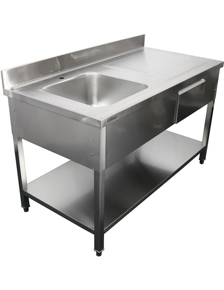 Professional Stainless Steel Commercial Sink with 1 Drawer, 1 Bowl, Left Bottom Shelf, and Splashback 1500x600x850mm for Busy Ki