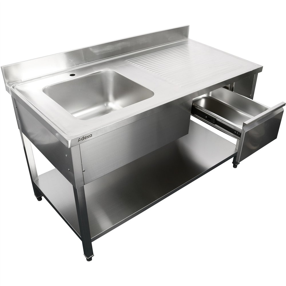 Professional Stainless Steel Commercial Sink with 1 Drawer, 1 Bowl, Left Bottom Shelf, and Splashback 1500x600x850mm for Busy Ki