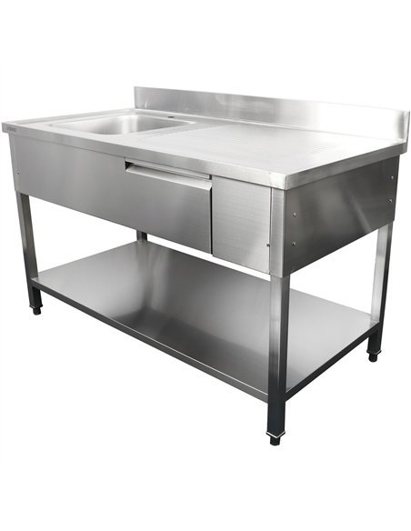 Professional Stainless Steel Commercial Sink with 1 Drawer, 1 Bowl, Left Bottom Shelf, and Splashback 1500x600x850mm for Busy Ki