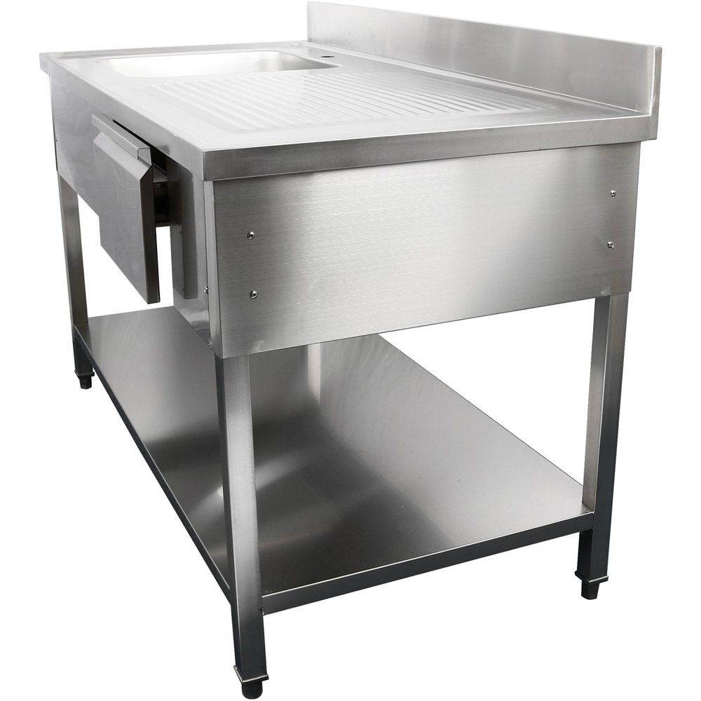 Professional Stainless Steel Commercial Sink with 1 Drawer, 1 Bowl, Left Bottom Shelf, and Splashback 1500x600x850mm for Busy Ki