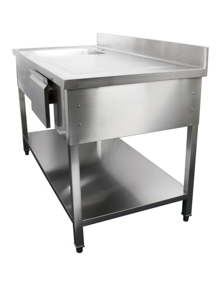 Professional Stainless Steel Commercial Sink with 1 Drawer, 1 Bowl, Left Bottom Shelf, and Splashback 1500x600x850mm for Busy Ki