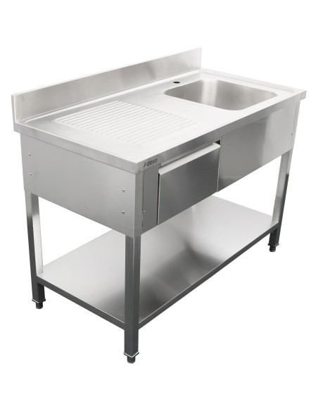 Professional Stainless Steel Commercial Sink, 1400x700x950mm, 1 Bowl to the Right, 1 Drawer, Splashback - Ideal for Catering Bus
