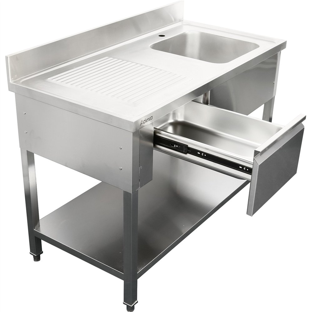 Professional Stainless Steel Commercial Sink, 1400x700x950mm, 1 Bowl to the Right, 1 Drawer, Splashback - Ideal for Catering Bus