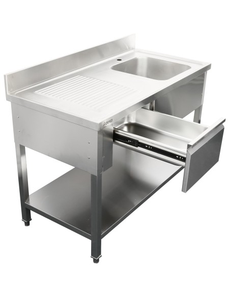 Professional Stainless Steel Commercial Sink, 1400x700x950mm, 1 Bowl to the Right, 1 Drawer, Splashback - Ideal for Catering Bus