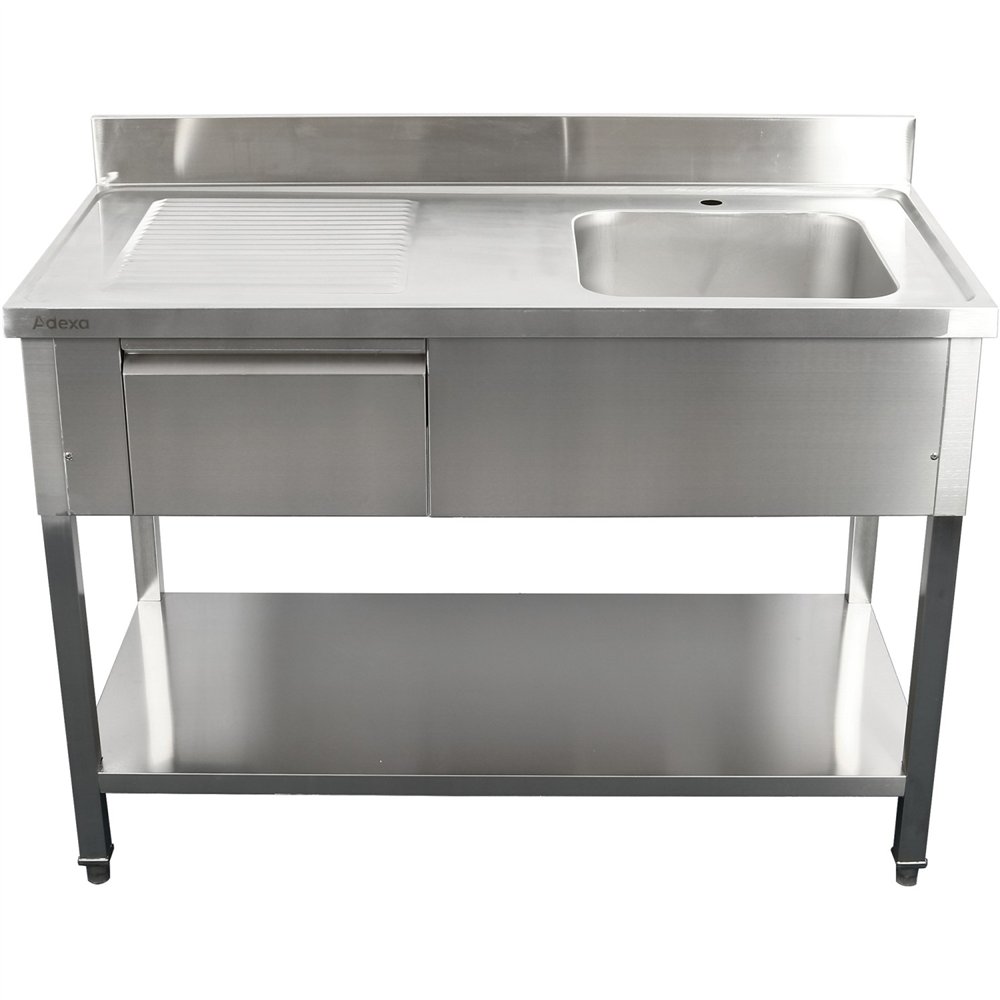 Professional Stainless Steel Commercial Sink, 1400x700x950mm, 1 Bowl to the Right, 1 Drawer, Splashback - Ideal for Catering Bus