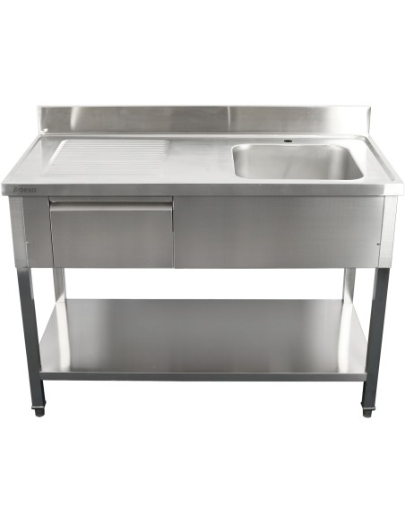 Professional Stainless Steel Commercial Sink, 1400x700x950mm, 1 Bowl to the Right, 1 Drawer, Splashback - Ideal for Catering Bus