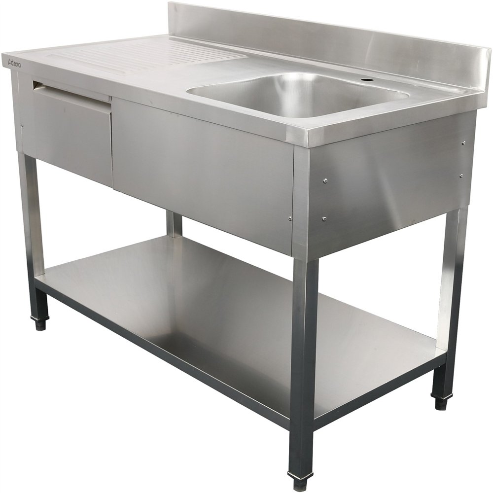 Professional Stainless Steel Commercial Sink, 1400x700x950mm, 1 Bowl to the Right, 1 Drawer, Splashback - Ideal for Catering Bus
