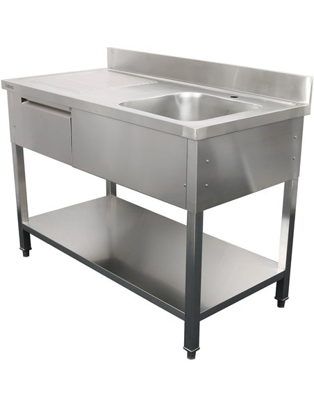 Professional Stainless Steel Commercial Sink, 1400x700x950mm, 1 Bowl to the Right, 1 Drawer, Splashback - Ideal for Catering Bus