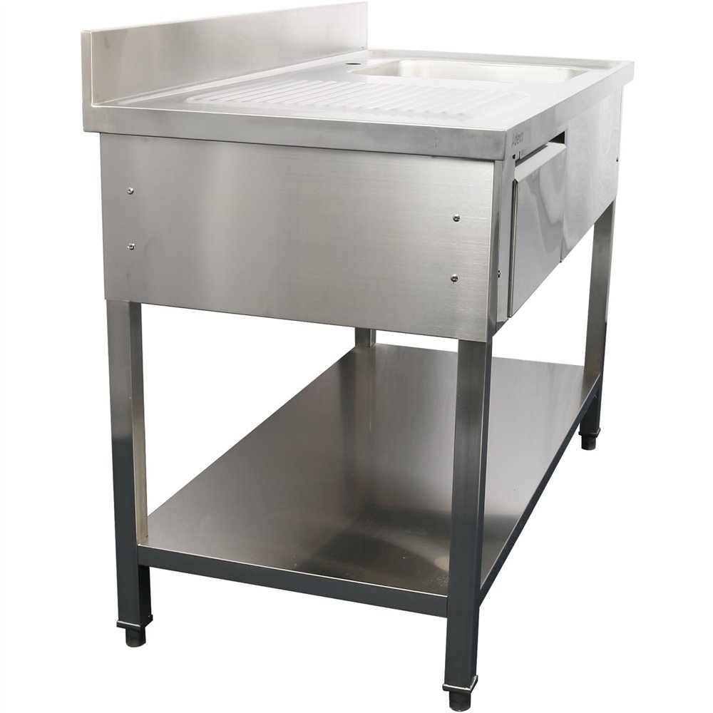 Professional Stainless Steel Commercial Sink, 1400x700x950mm, 1 Bowl to the Right, 1 Drawer, Splashback - Ideal for Catering Bus