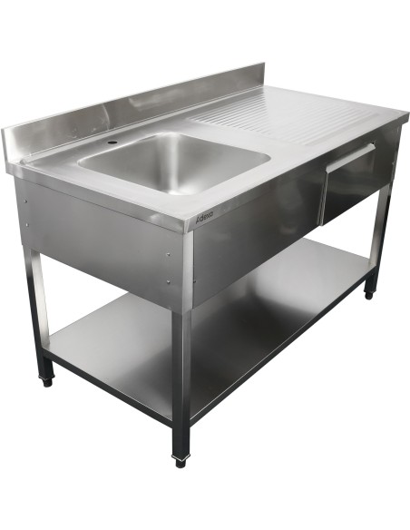 Professional Stainless Steel Commercial Sink, 1400x700x950mm, 1 Bowl to the Left, 1 Drawer, Splashback - Ideal for Catering Busi