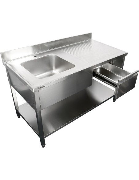 Professional Stainless Steel Commercial Sink, 1400x700x950mm, 1 Bowl to the Left, 1 Drawer, Splashback - Ideal for Catering Busi