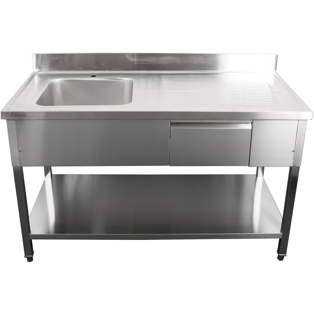 Professional Stainless Steel Commercial Sink, 1400x700x950mm, 1 Bowl to the Left, 1 Drawer, Splashback - Ideal for Catering Busi
