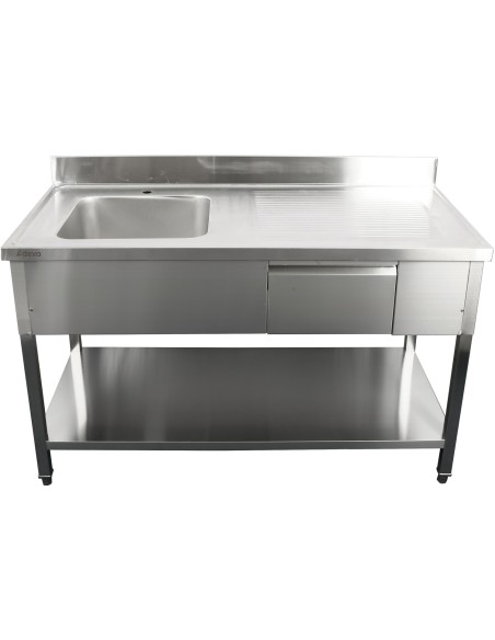 Professional Stainless Steel Commercial Sink, 1400x700x950mm, 1 Bowl to the Left, 1 Drawer, Splashback - Ideal for Catering Busi