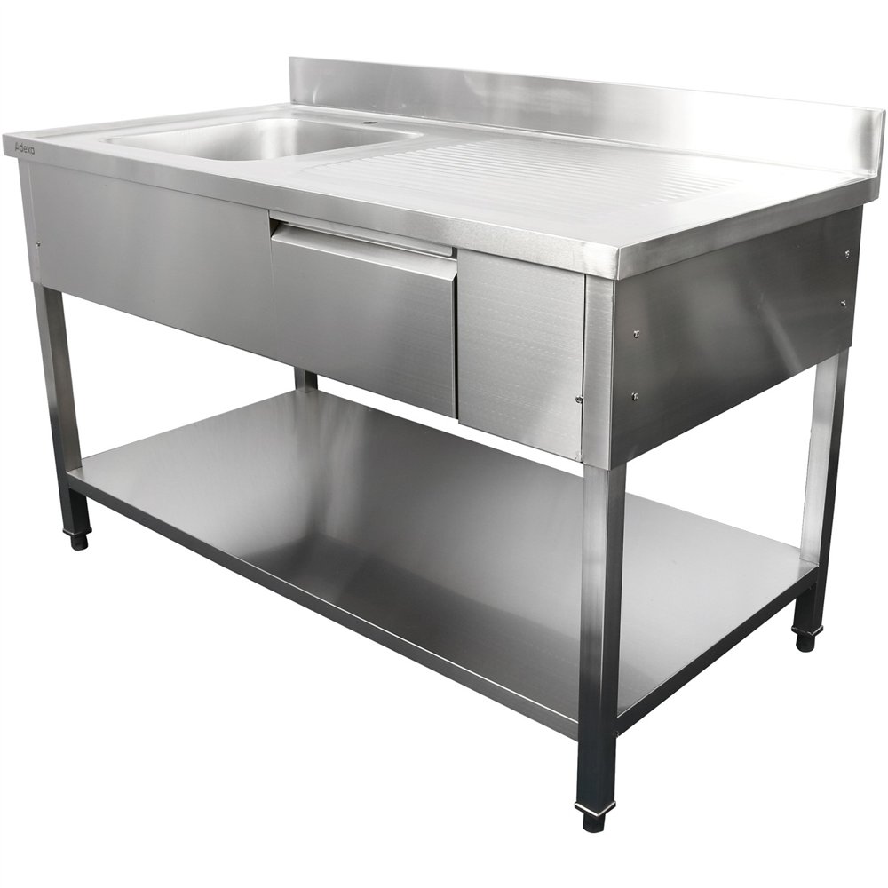 Professional Stainless Steel Commercial Sink, 1400x700x950mm, 1 Bowl to the Left, 1 Drawer, Splashback - Ideal for Catering Busi