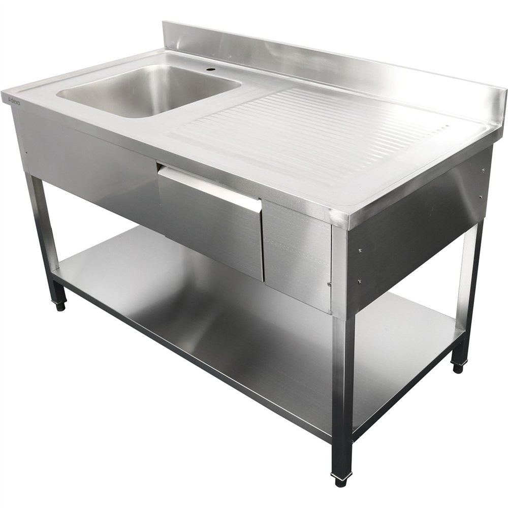 Professional Stainless Steel Commercial Sink, 1400x700x950mm, 1 Bowl to the Left, 1 Drawer, Splashback - Ideal for Catering Busi