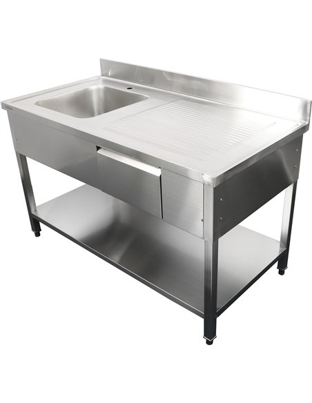 Professional Stainless Steel Commercial Sink, 1400x700x950mm, 1 Bowl to the Left, 1 Drawer, Splashback - Ideal for Catering Busi