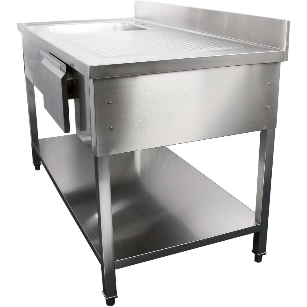 Professional Stainless Steel Commercial Sink, 1400x700x950mm, 1 Bowl to the Left, 1 Drawer, Splashback - Ideal for Catering Busi