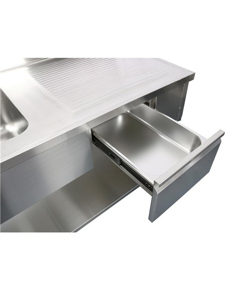 Professional Stainless Steel Commercial Sink, 1400x700x950mm, 1 Bowl to the Left, 1 Drawer, Splashback - Ideal for Catering Busi