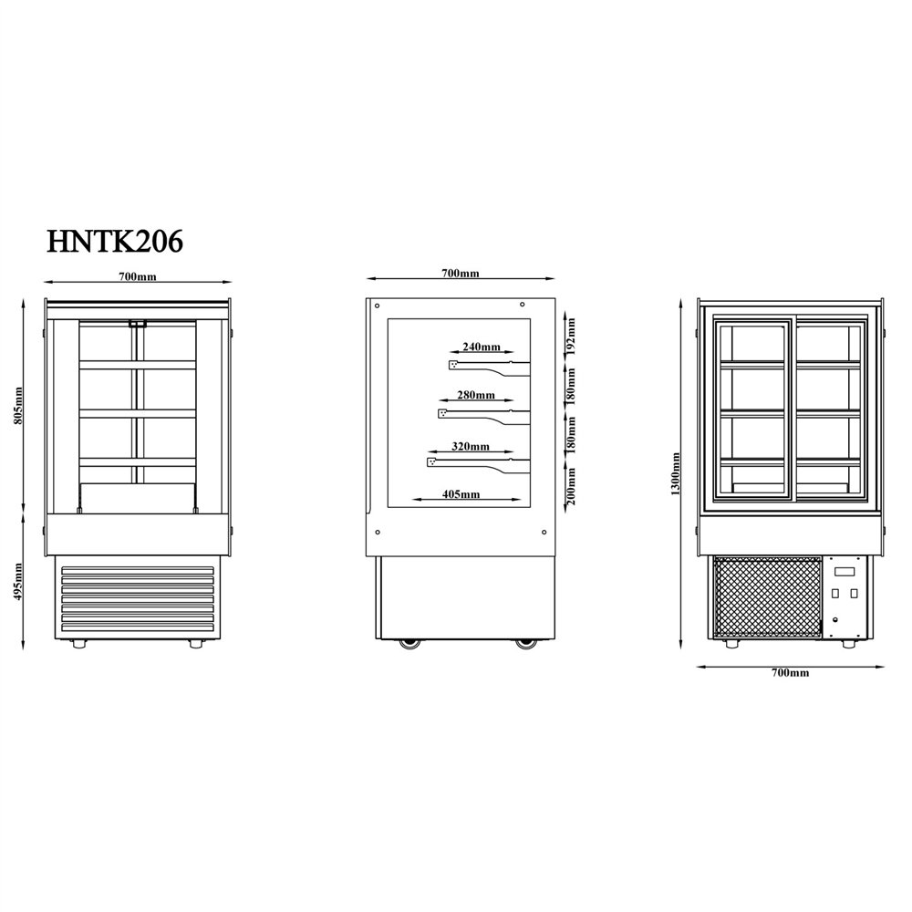 Professional Commercial Upright Chilled Display Case with 3 Glass Shelves, 700x700x1300mm in Black - Ideal for Catering Business