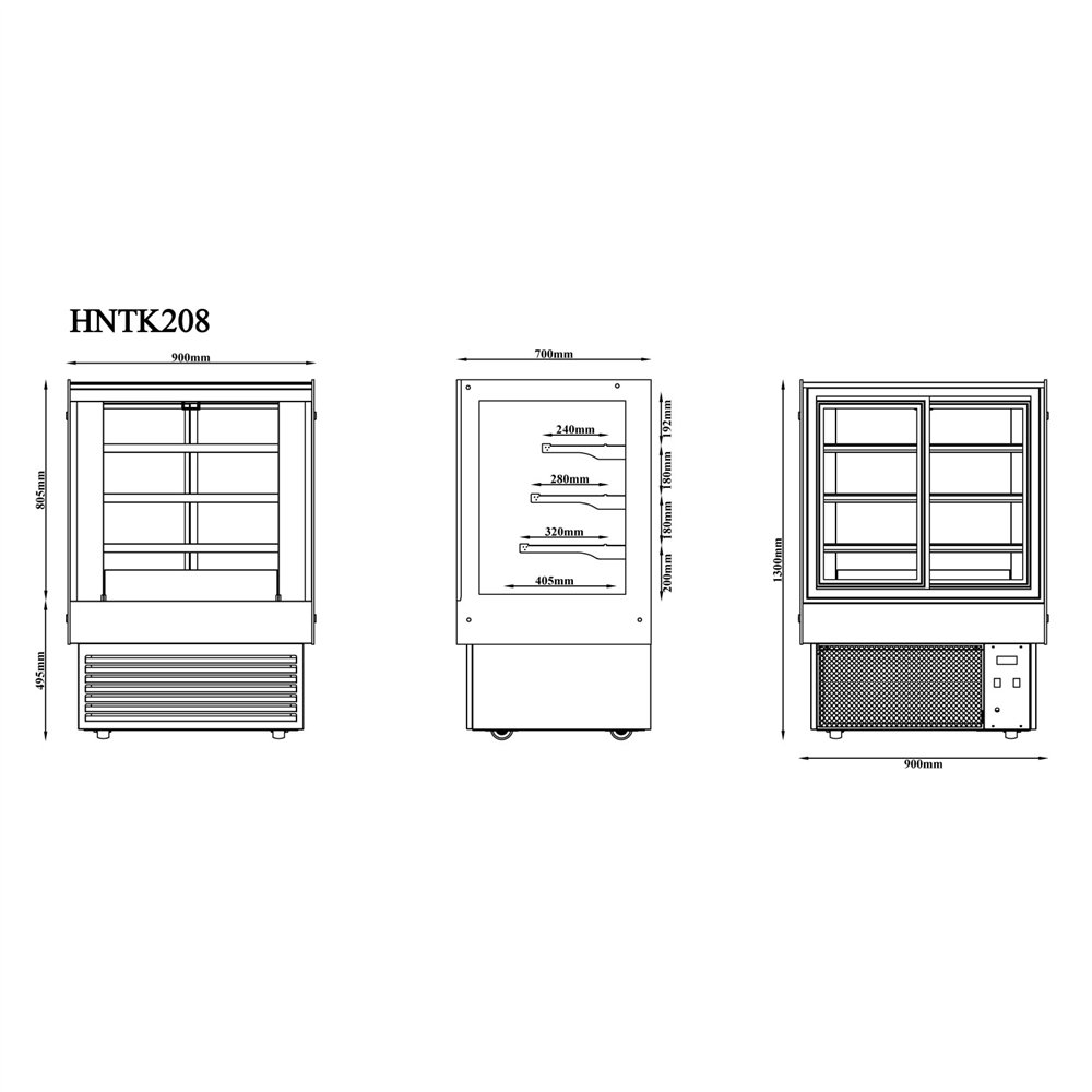 Professional Commercial Upright Chilled Display Case with 3 Glass Shelves, 900x700x1300mm, Black - Ideal for Catering Businesses