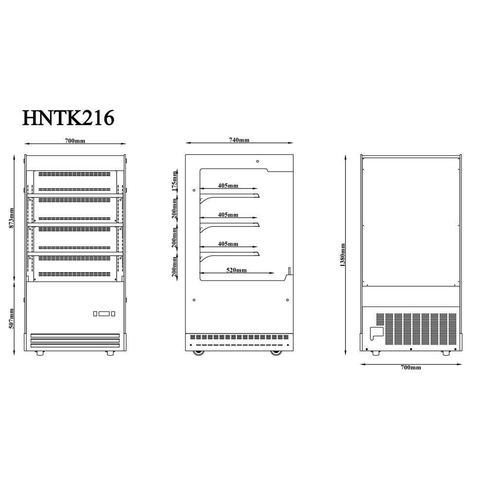 Professional Commercial Upright Chilled Display Case with 3 Glass Shelves, 700x740x1380mm, Black - Ideal for Catering Businesse