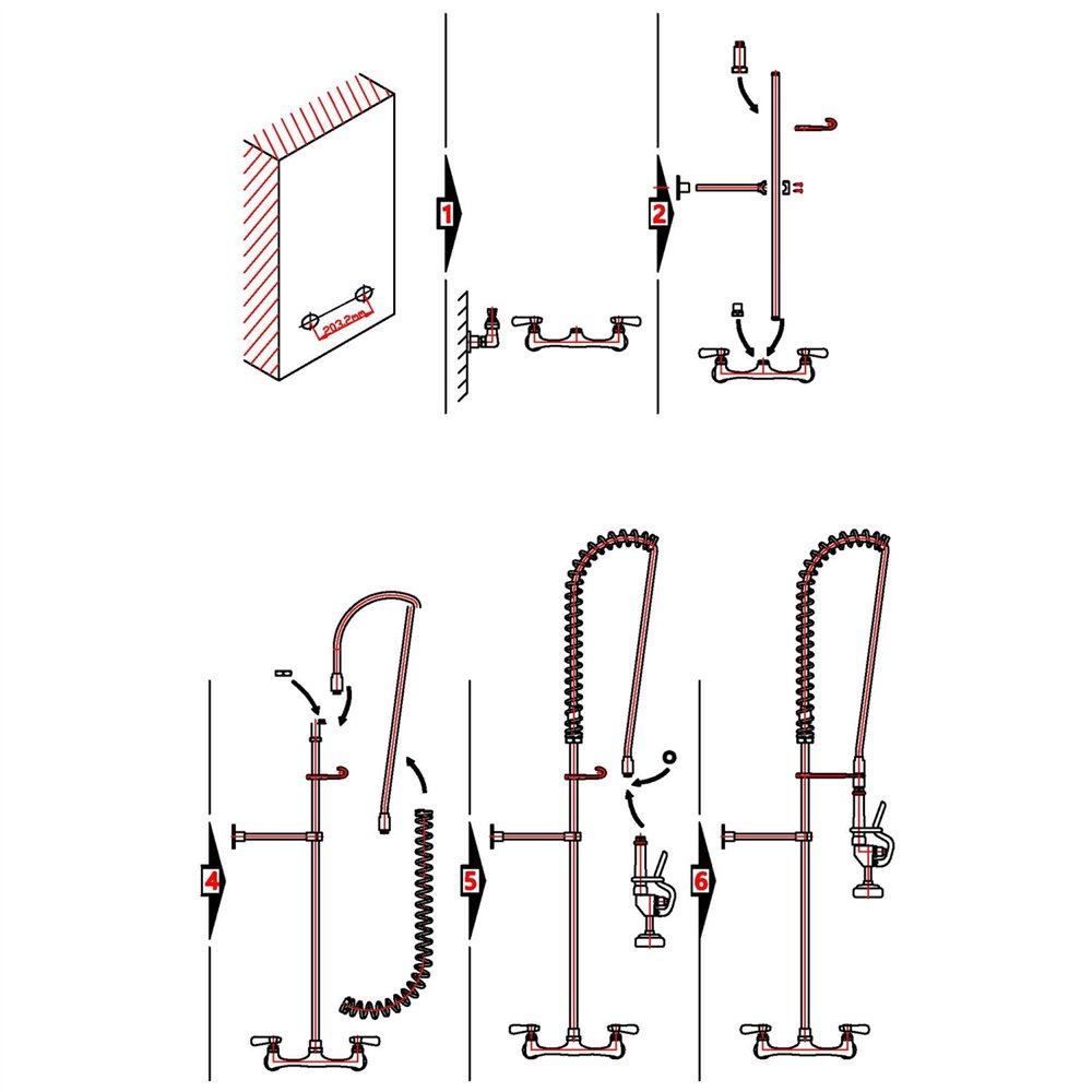 Professional 8" Center Wall Mounted Pre-Rinse Unit with 18" Riser, 44" Hose & Spray Valve Chrome for Commercial Kitchens