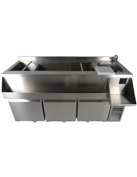 Professional 3 Door Counter Fridge with Cocktail Station Top, Ice Bin and Sink 1795×718×955mm for Commercial Kitchens