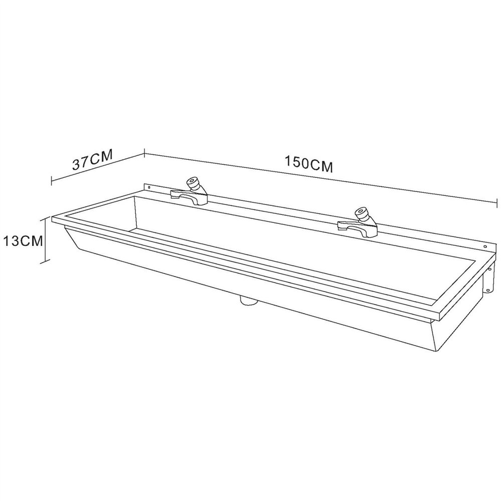 Professional Wall Mounted Stainless Steel Hand Wash Trough Sink with Twin Taps 1500×370×130mm for Commercial Kitchens