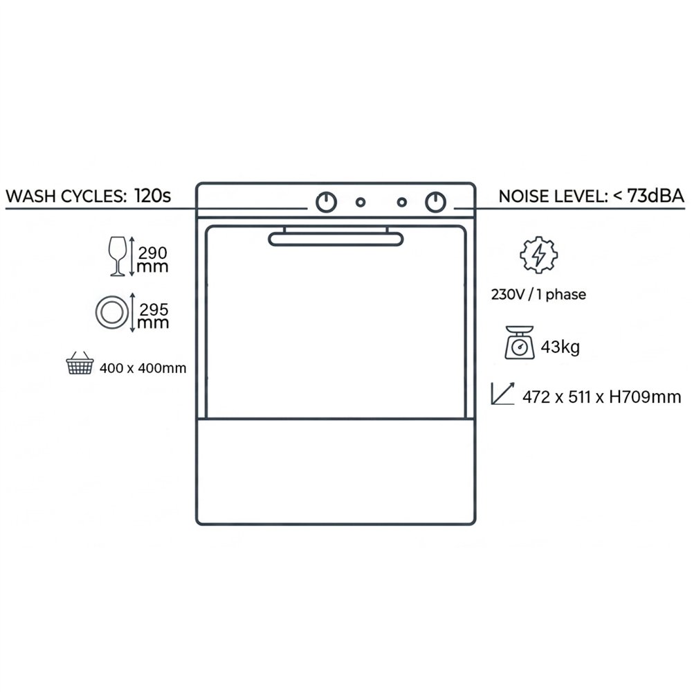 Professional Commercial Glasswasher with 400mm Basket, Rinse, Detergent & Drain Pump - Ideal for Busy Kitchens, Made in Europe