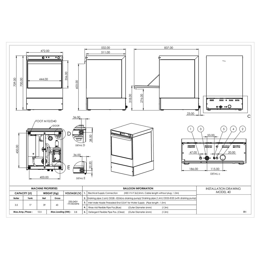 Professional Commercial Glasswasher with 400mm Basket, Rinse, Detergent & Drain Pump - Ideal for Busy Kitchens, Made in Europe