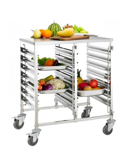 Professional Double GN Pan Trolley with Table, 1/1 GN 7x2 Tier, Stainless Steel, 740x550x950mm - Ideal for Commercial Kitchens